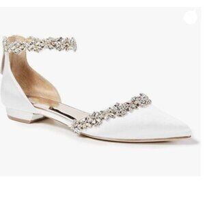 FOWT Elegant Satin Crystal Strap Back Zipper D'Orsay White Flats for Women White